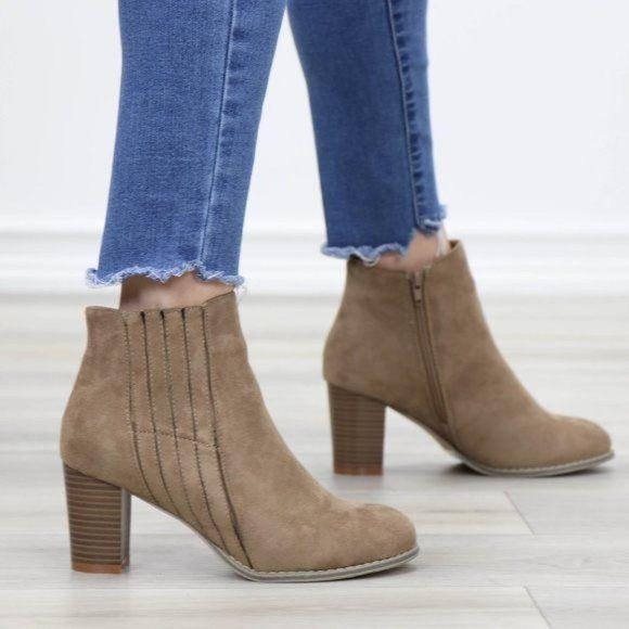Faux Suede Bock Heel Ankle Bootie - Picture 7 of 13